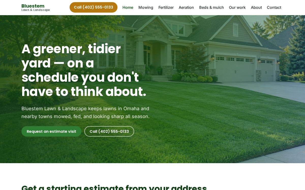 Example homepage for a fictional lawn care company